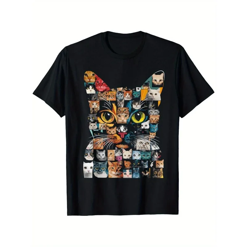 

Cat Lover T Shirt Artistic Cat Face Collage Graphic Tee Funny Cute Animal Print Summer Loose Tops For Women Men