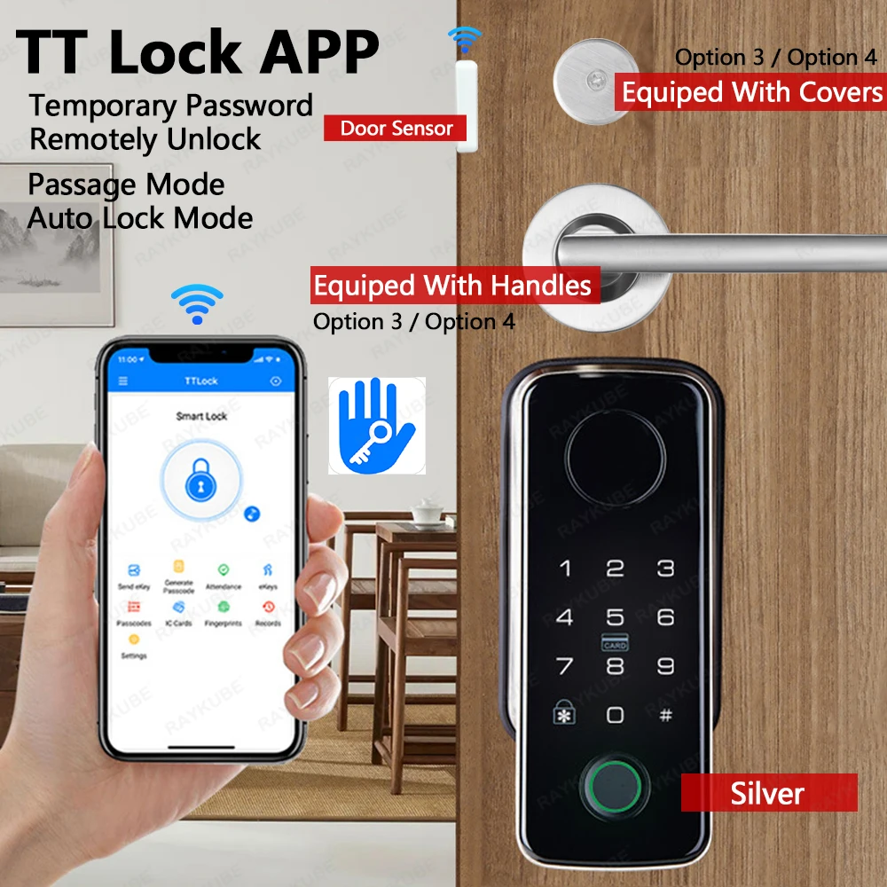 RAYKUBE N1 TT Lock Auto Smart Vingerafdrukslotset met handvat/deursensor APP Ontgrendeling op afstand Eenvoudig te installeren Geen ponsen Geen bedrading