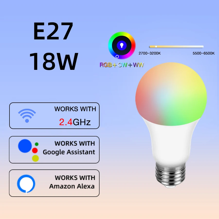 18W RGB E27 WiFi Smart Bulb 85-265V Wireless Connectivity for Alexa Google Home Assistant Siri Voice Control Dimmable Home Light