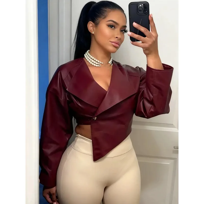 Faux Leather Single Button Crop Jacket Women Autumn Trend Cross Neck Full Sleeve Wild Style Classic Streetwear Coat