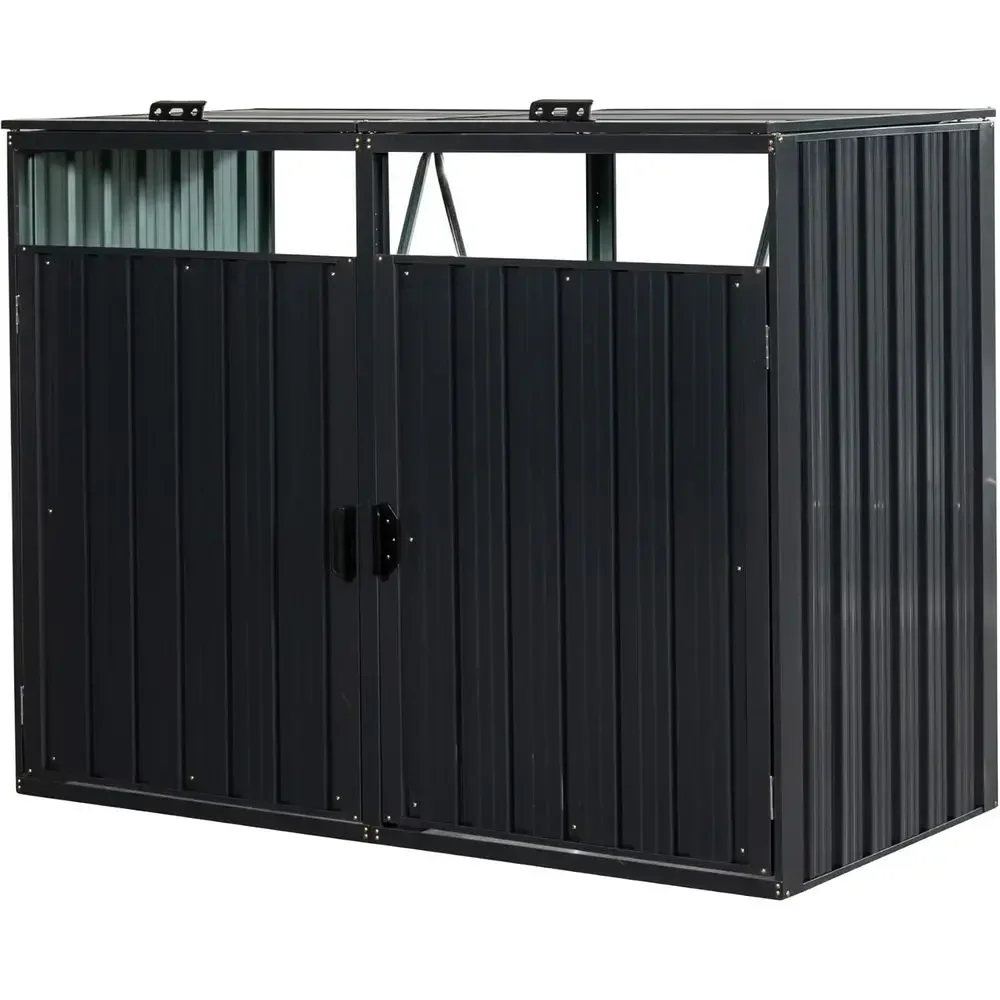 Galvanized Steel Outdoor Trash Bin Storage Shed with Lockable Door for 2 Cans (Black)