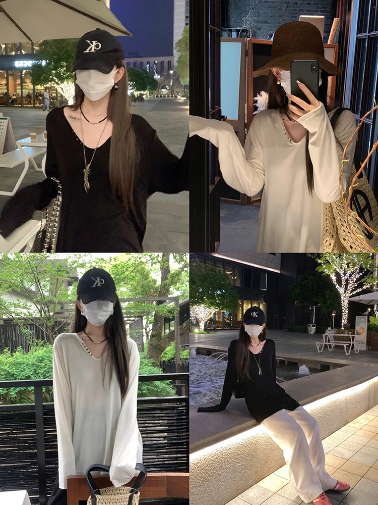 

Роскошная мягкая футболка из ацетатного лиоцелла Cloud Velvet Sensation с длинными рукавами с манжетами, V-образным вырезом, эффектом похудения и защитой от солнца