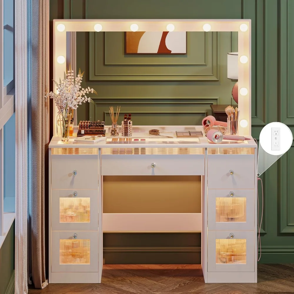 

Vanity Desk with Mirror and Lights 3 Colors, Glass Top Vanity with 7 Lighted Drawers & Power Outlet, Makeup Desk