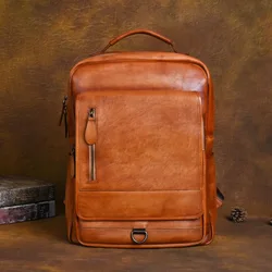 Handmade Genuine Leather Men Backpack Business Male 15.6 inch Laptop Bag Daypacks Large Capacity Travel Bags College School Bag