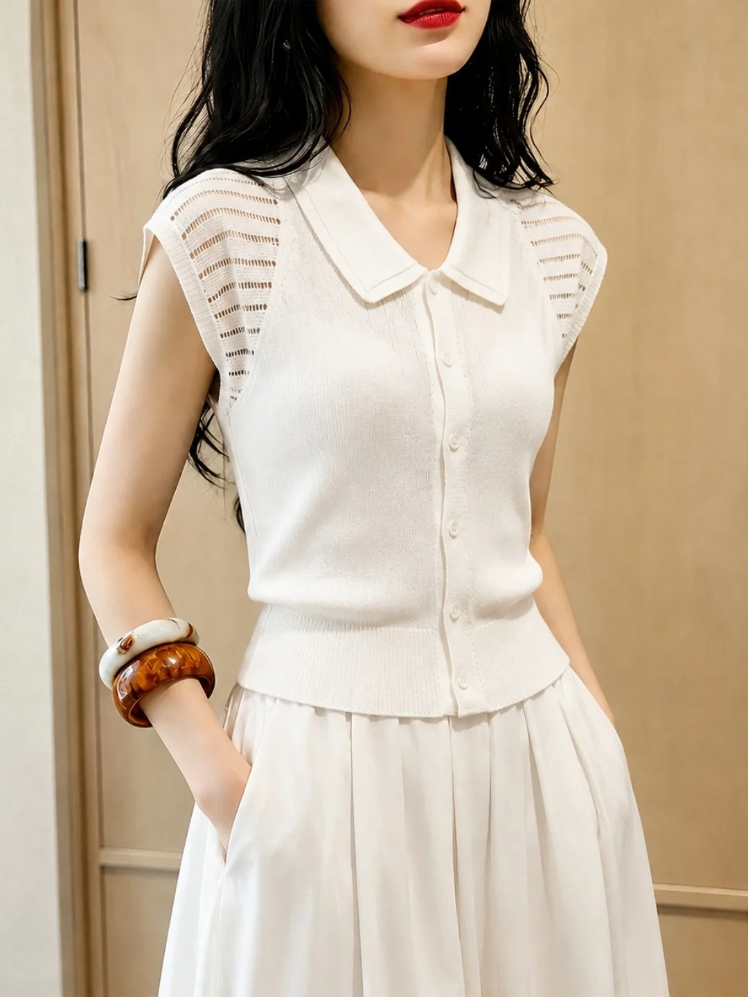 Elegant Hollow out Knit  Neck Top Women's Versatile Commute Fashion Anti-Aging Summer 2026 Poetic Lin Korean Style Straig...