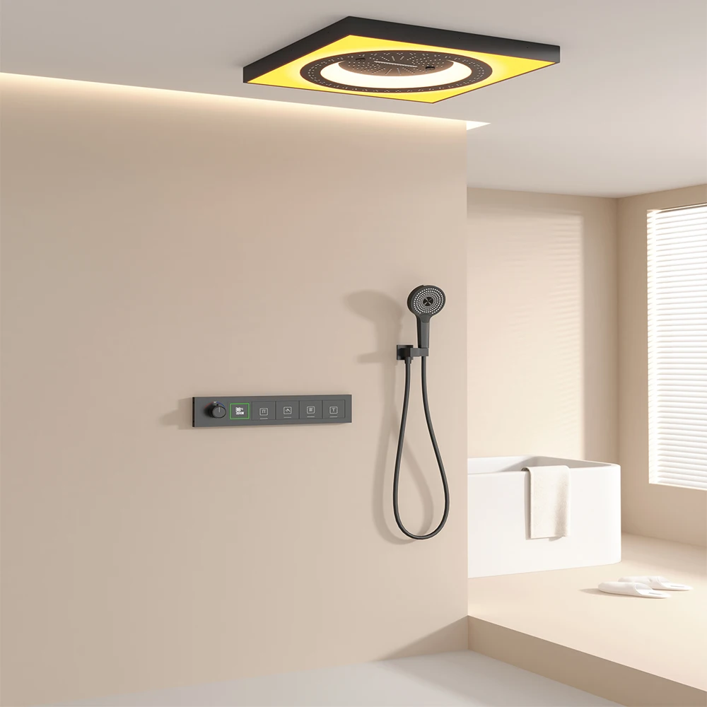 600*600mm montado na parede termostática escondida superior conjunto de cabeça de chuveiro, led chuveiro do banheiro conjunto completo sistema de chuveiro preto