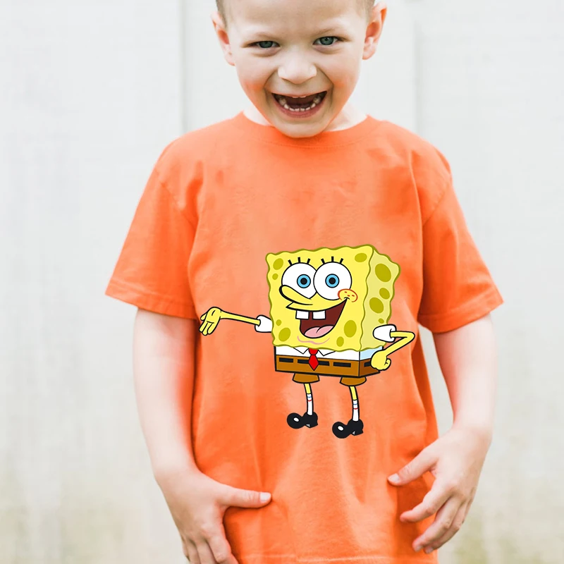 SpongeBob SquarePants Printed Kids T-shirt Summer Children's Cotton Short Sleeve Suitable for Boys and Girls Orange Casual Tops