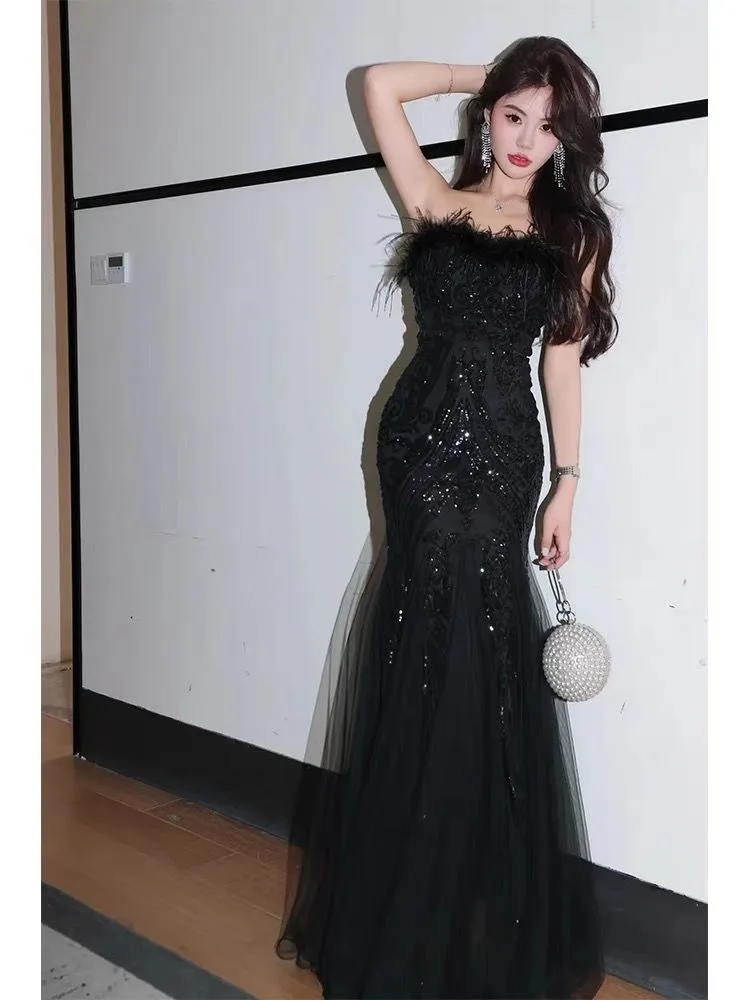 

Slimming evening dress 158 for women 2024 new black high-end luxury niche high-end adult ceremony art examinee day dress