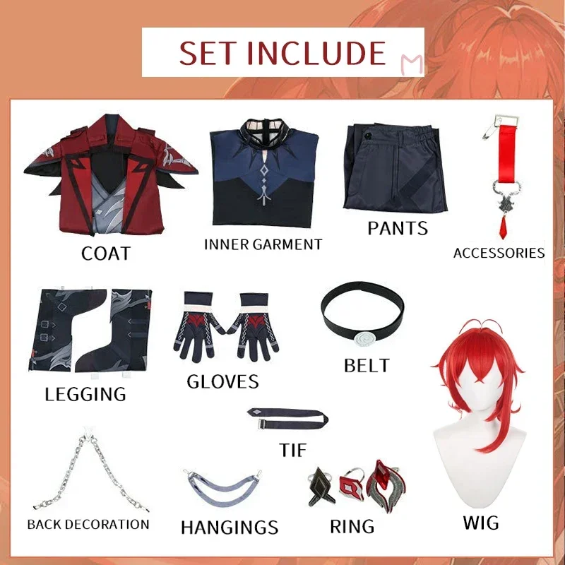 Genshin Impact Diluc 코스프레 의상 유니폼 가발 애니메이션 할로윈 의상 게임 Red Dead of Night Skin New Skin #   1 #   W.