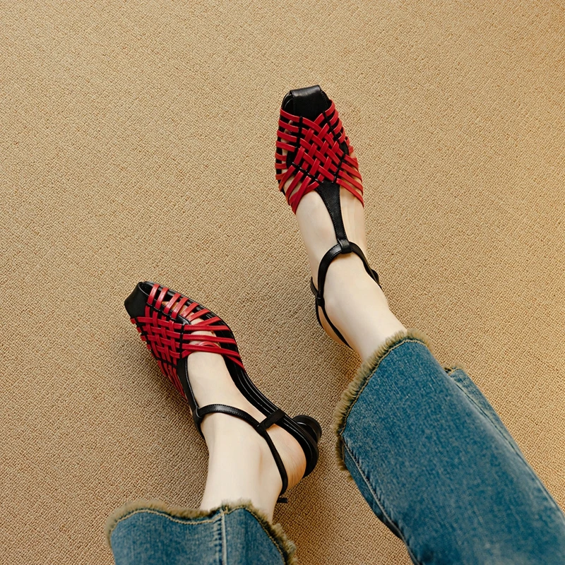 

2026 NEW Summer Women Sandals Split Leather Shoes for Women Square Toe Strange Heel Shoes Weave Daily Shoes Mixed Colors Sandals
