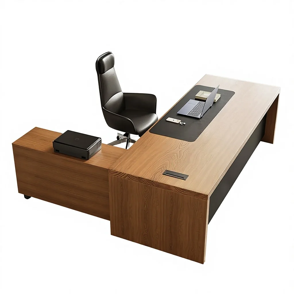 # Solid Wood Executive Desk Modern Minimalist Office Boss Desk L-shape with Side Cabinet Customizable Computer Desk