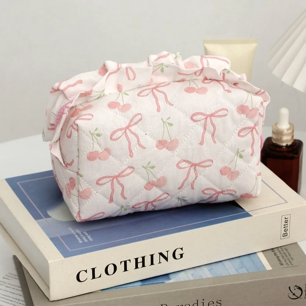 Portable Ruffled Edge Quilted Makeup Bag Floral Print Bowknot Cosmetic Storage Bag Large Capacity Pen Bag