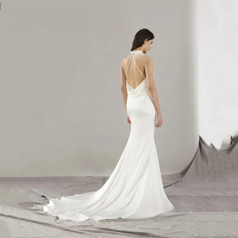 Abito da sposa Abito da sposa lungo bianco a sirena Abito da sposa senza maniche in cristallo con pieghe in raso senza schienale Personalizza su misura