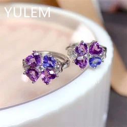 Luxurious Long Sun Flower Natural Blue Tanzanite and amethyst Ear Clip Drop Earrings 925 Silver Natural Gemstone Earrings Women