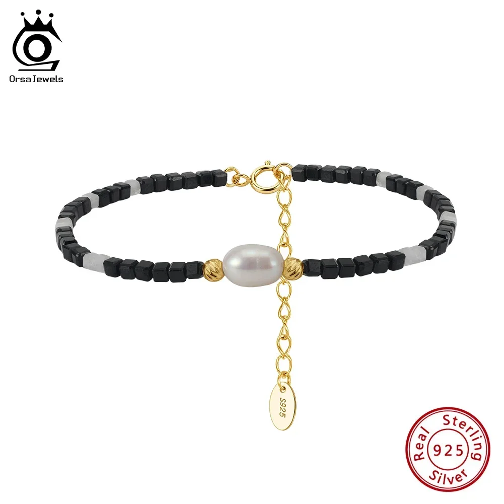 ORSA JEWELS S925 Silver Natural Black Stone Beads Bracelet for Women Fashion Baroque Pearl Chain Bracelet Gemstone Jewelry MPB21 view 2