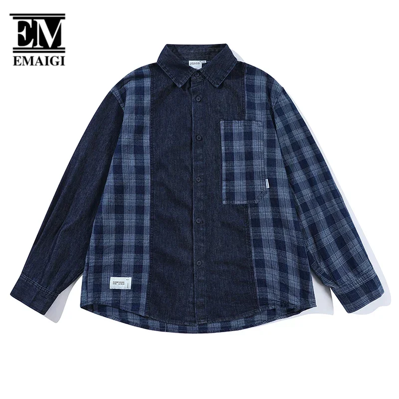 

Men Denim Splice Plaid Loose Casual Streetwear Fashion Long Sleeve Oversized Shirts Cityboy Outdoor Vintage Shirts Blouses