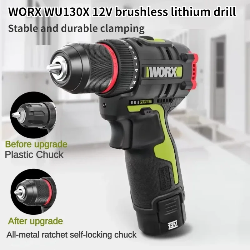 WORX WU130X Cordless Electric Drill 12V 40Nm 1800rpm Brushless Motor Screwdriver for Home Improvement Carpentry Metalworking