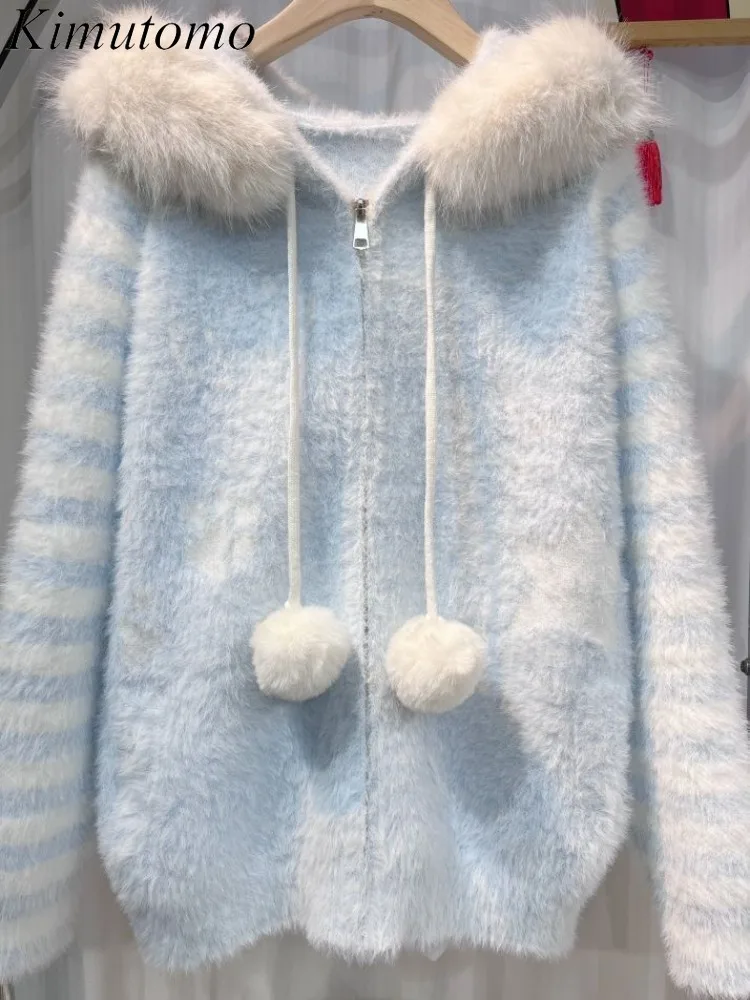 Kimutomo Knitted Cardigan Women Hooded Furry Patchwork Autumn Winter Loose Zipper Sweater Outwear Female Fashion Casual Tops