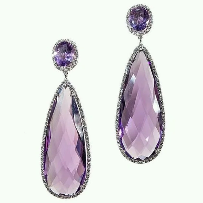 Vintage Natural Stone Zircon Dangle Earrings for Women Teardrop Amethyst Gemstone Drop Earring Bridal Wedding Party Jewelry Gift