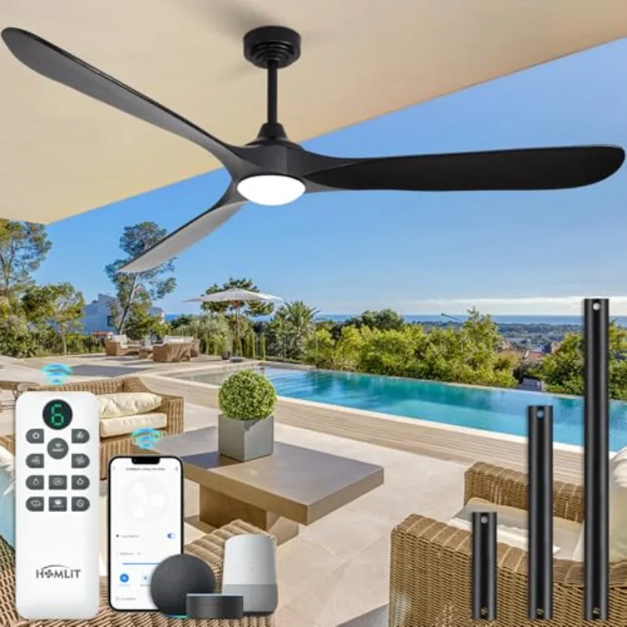 Patio porch ceiling fan with lights: 72'' solid wood, black, quiet reversible DC motor, WiFi/Alexa app control, 3CCT dimmable,