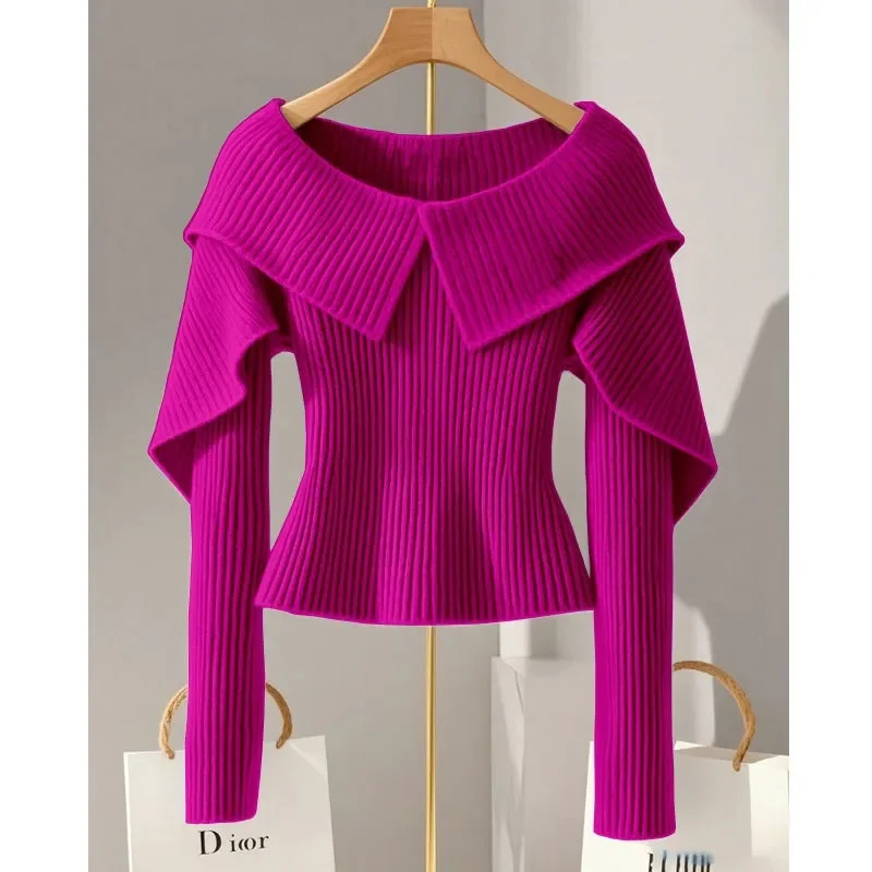 2025 Spring Autumn Design Sense One Necked Waist Sweater Knitted Sweater Women's Dopamine Loose Versatile Top Pullover Shirt