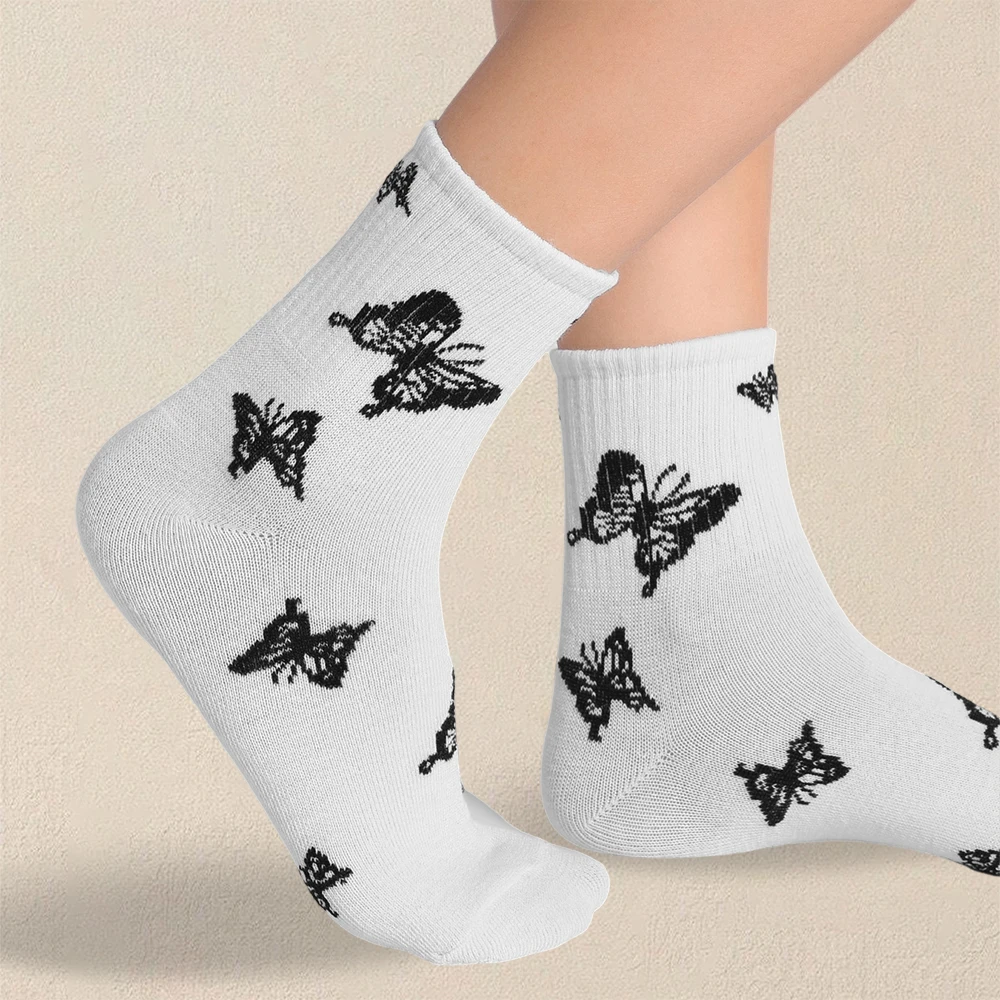 6 Pairs Men Butterfly Printed Pattern Socks Trendy Fashionable Creative Socks Casual Comfortable Lightweight Medium Length Socks