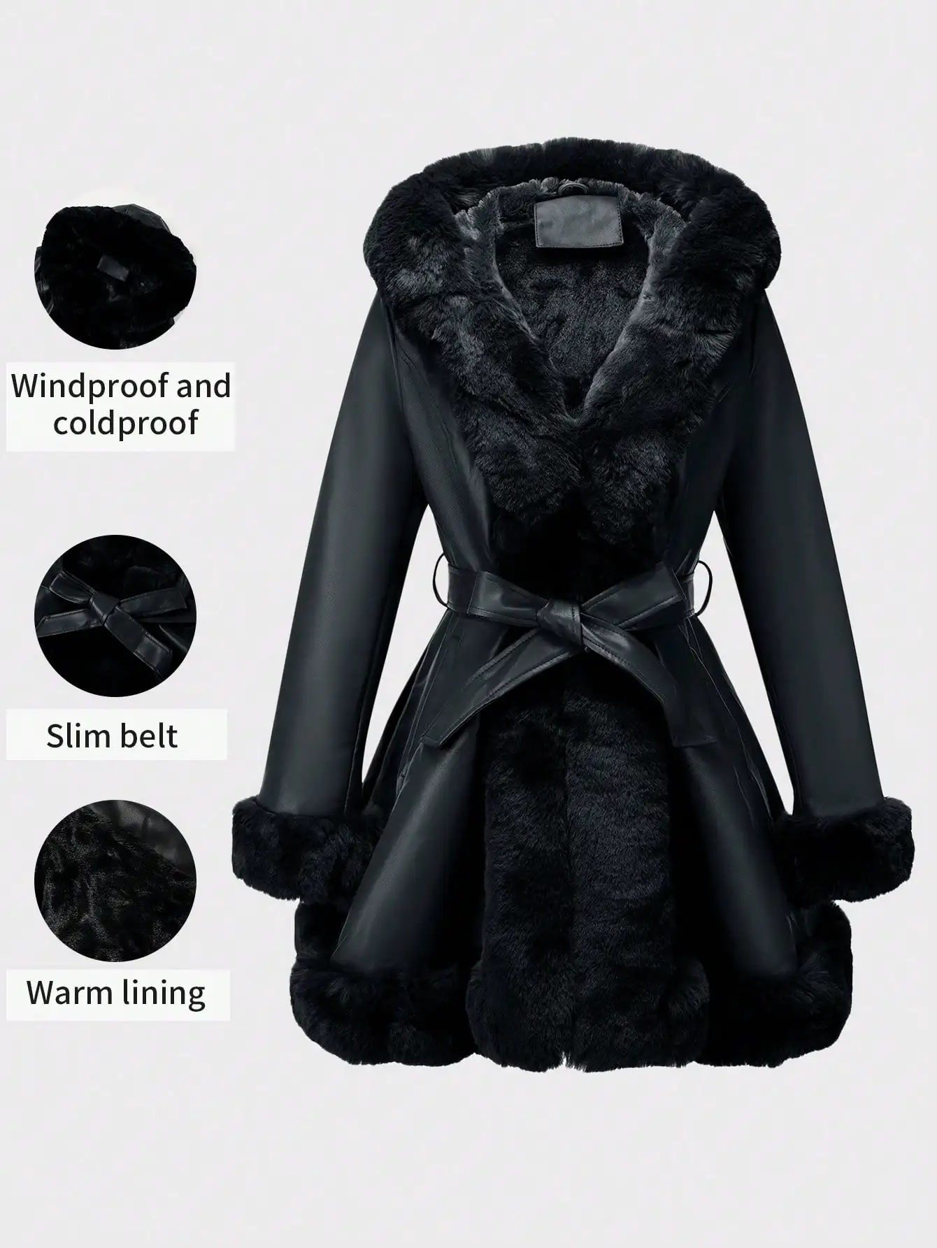 

Женская черная куртка с капюшоном из искусственной кожи и меховой подкладкой, с поясом, для зимы