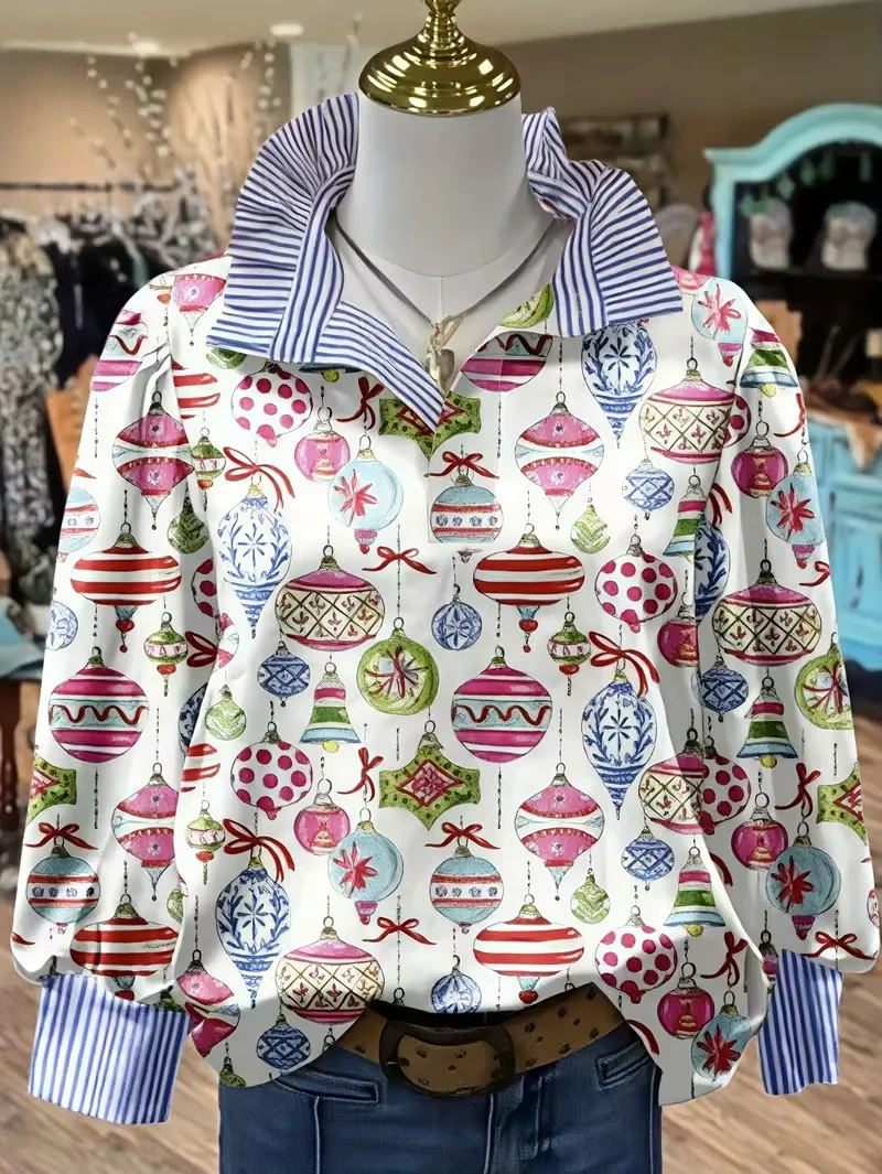 Women's striped casual fashion shirt with multi-color striped collar and half button shirt pattern,Elegant stand up collar desig