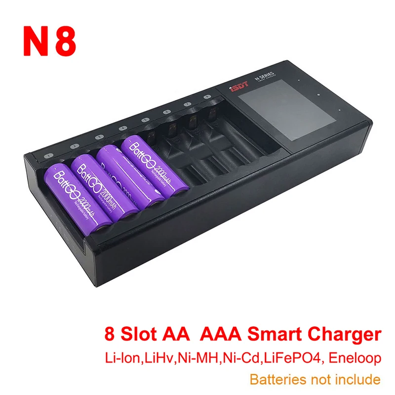 

ISDT N8 LCD Display Universal 8-Slot Quick Smart Charger, Suitable for Rechargeable AA AAA Lithium Ion Batteries