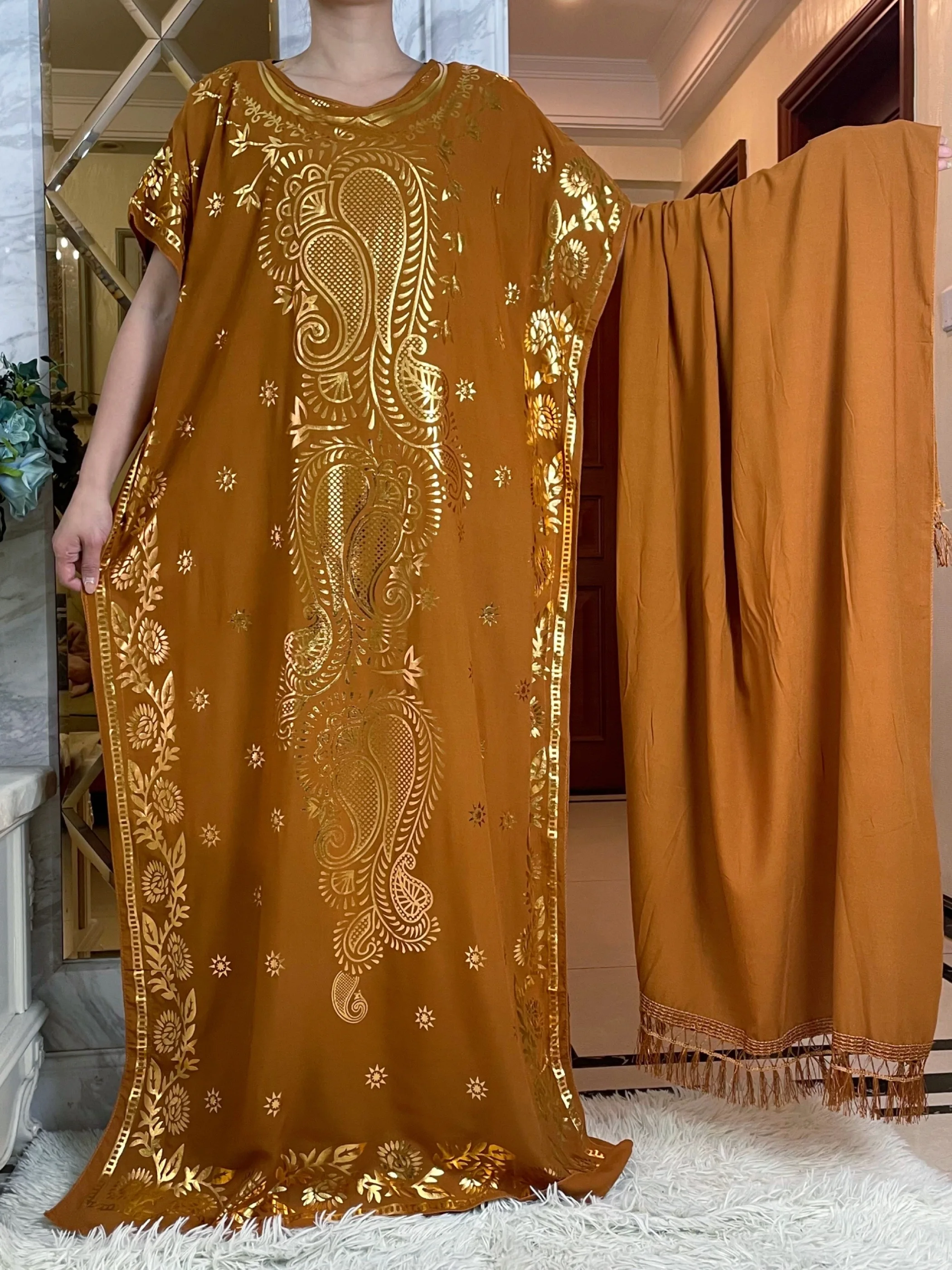 2024 Fashion Summer Dress With Big Scarf Dubai Turkey Kaftan Muslim Loose  Abaya Women African Casual Maxi  Gold Stamping  Robe