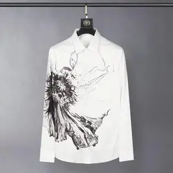 Luxury Silk Artistic Flowers Shirt for Men Autumn Long Sleeve Casual Business Dress Shirts Social Streetwear Men Clothing 2024