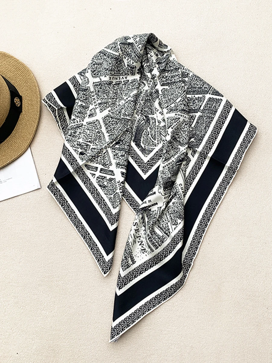 90cm Brand Twill Silk Square Scarf Belt Print Women Hem Shawl Luxury Hijab Scarf Design Bandana Hand Rolled Hem Head Scarves