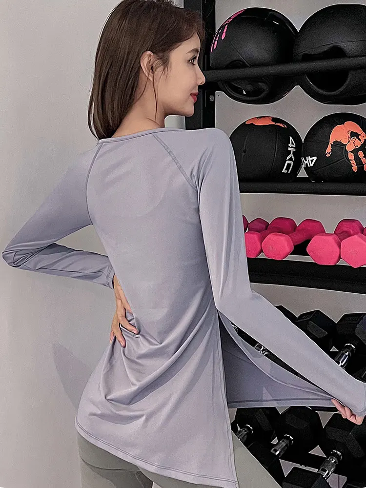 Sports Long Sleeve Shirts Yoga Top Pleated Slit Long Women Pulovers Fitness Loose Blouse Workout Running Quick-drying Gym Outfit