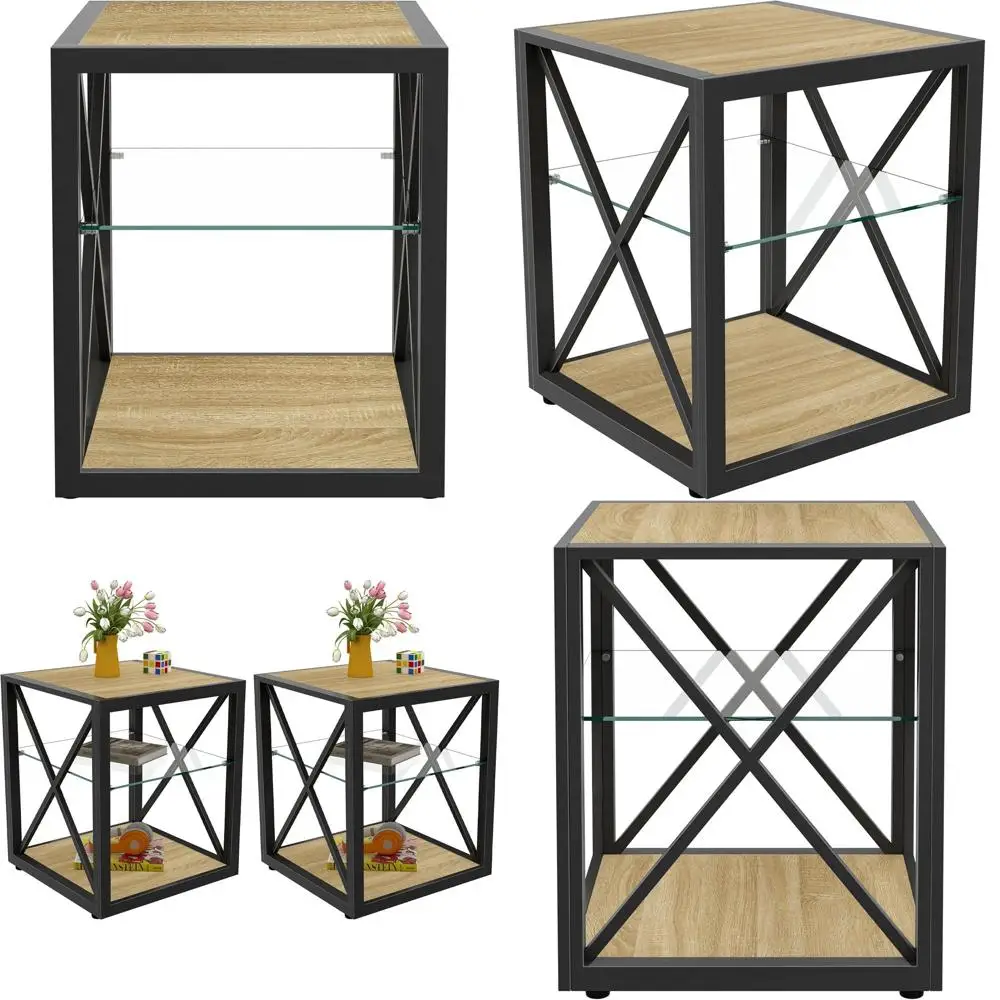 

Набор из 2-х приставных столиков в индустриальном стиле с 3-ярусной конструкцией, столешницей из закаленного стекла и отделкой из натурального дерева