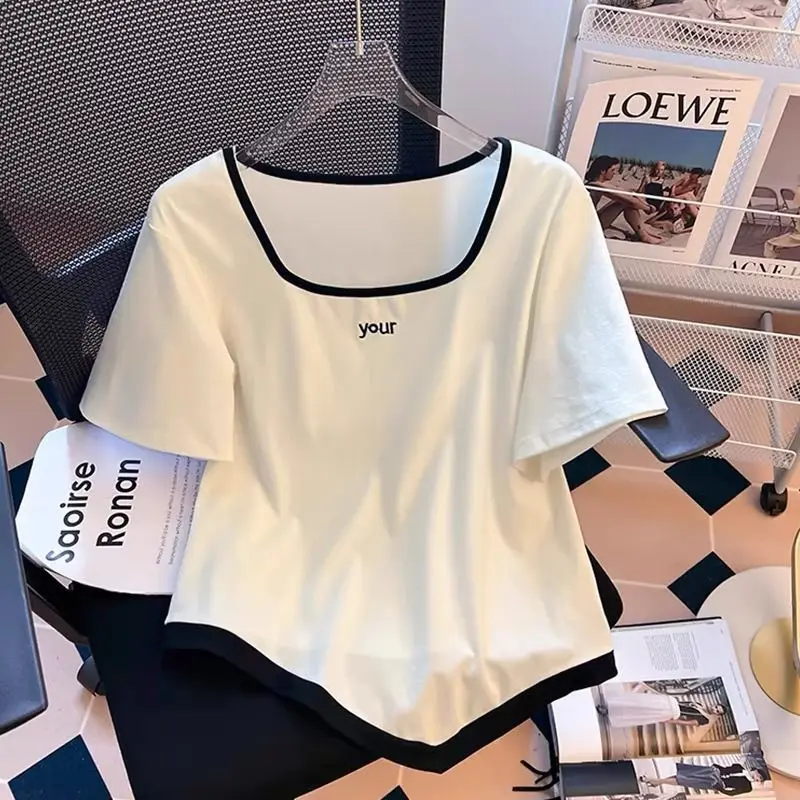 Large Size Summer Outfit 2024 New Irregular Square Neck Short Sleeved T-shirt Wide Leg Pants Slimming Two-piece Set for Women