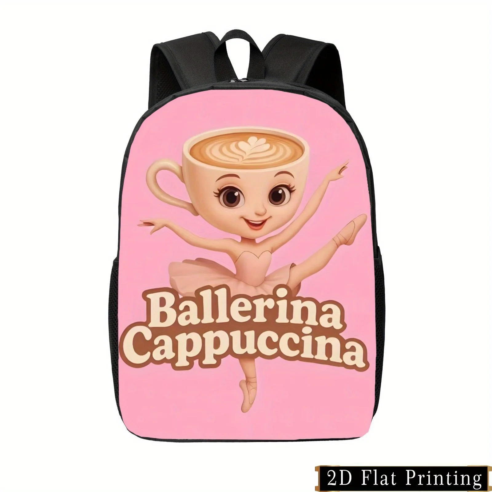 

Cartoon pink ballet coffee women's printed backpack, with adjustable shoulder straps and zipper pockets