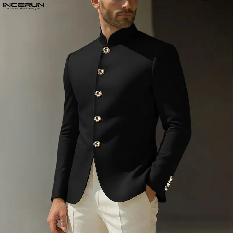 

INCERUN мужской пиджак однотонный воротник-стойка с длинным рукавом на пуговицах мужской костюм уличная одежда элегантные модные повседневные тонкие пальто мужские S-5XL