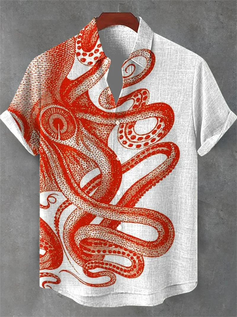 

New Men's Linen Casual Short Sleeved Shirt 3D Ocean Print Hawaiian Short Sleeved Shirt Retro Beach Vacation Top