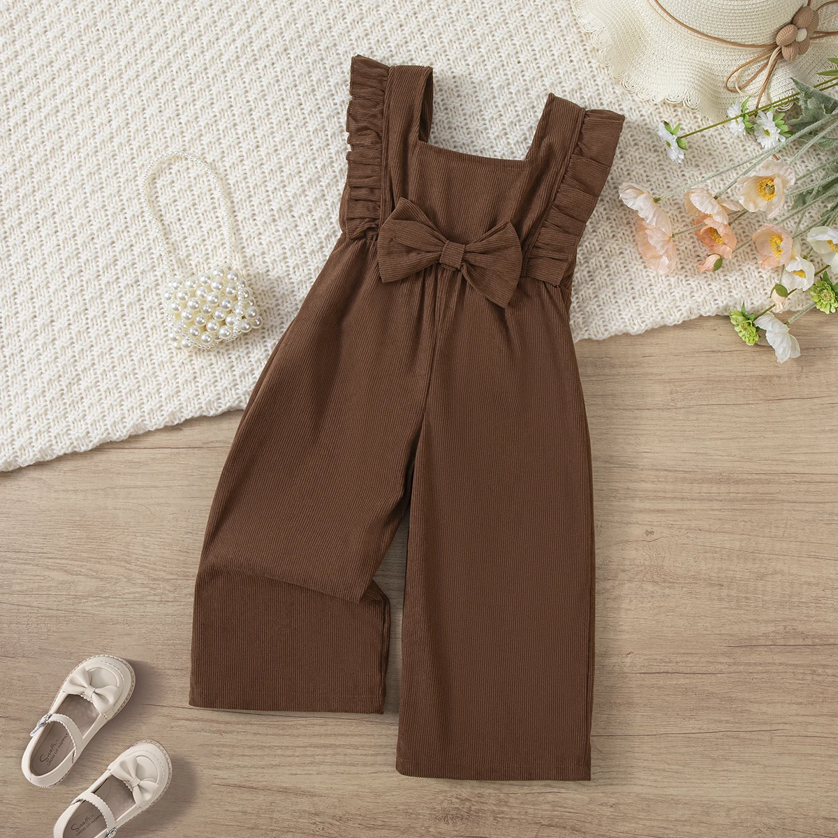 Baby Girl Ruffled Strap Jumpsuit Cute Bow Front Ribbed Wide Leg Romper Toddler Summer Sleeveless One-Piece Outfit