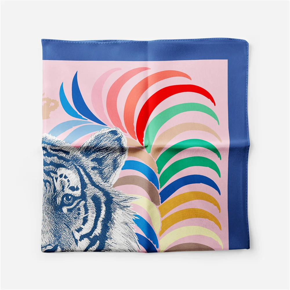 Twill-Seidenschal für Damen, indischer Tiger-Druck, quadratische Schals, Wickel, Bandana, kleine Hijabs, Seidenfoulards, Krawatte, Stirnband, Halstuch, 53 cm – Detail 4