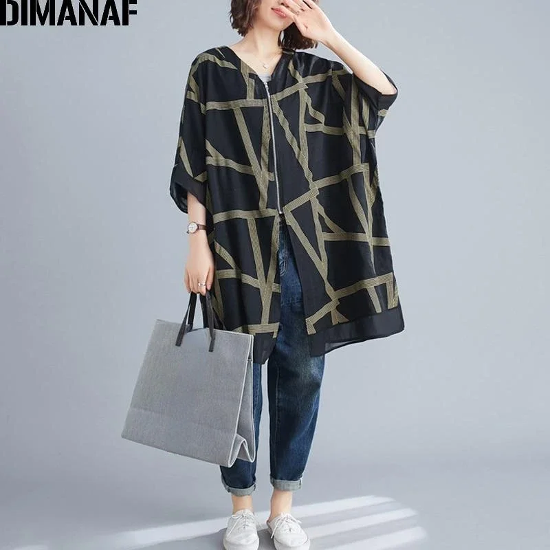 DIMANAF Summer Plus Size Jackets Coats Women Clothing Vintage Print Striped Lady Outerwear Loose Casual Zipper Cardigan Thin