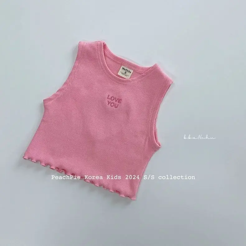 Korea Summer Kids Clothes Baby Girls Vest Cute Hollow Heart Pink Blue Vest Toddler Fashion Cropped Top Y2k Tee Tops 80-130cm