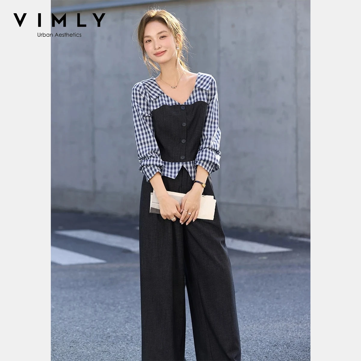

VIMLY Women's Office Two-Piece Set 2026 Spring New Plaid Patchwork Shirt High-Waisted Wide Leg Trousers Casual Pant Sets 30761