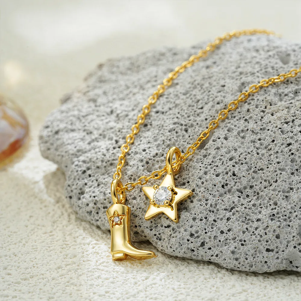 Cowboy Boot Star Spur Pendant Necklace for Women  CZ Pave Style Stainless SteelGreat for Party Wear  Gift Jewelry