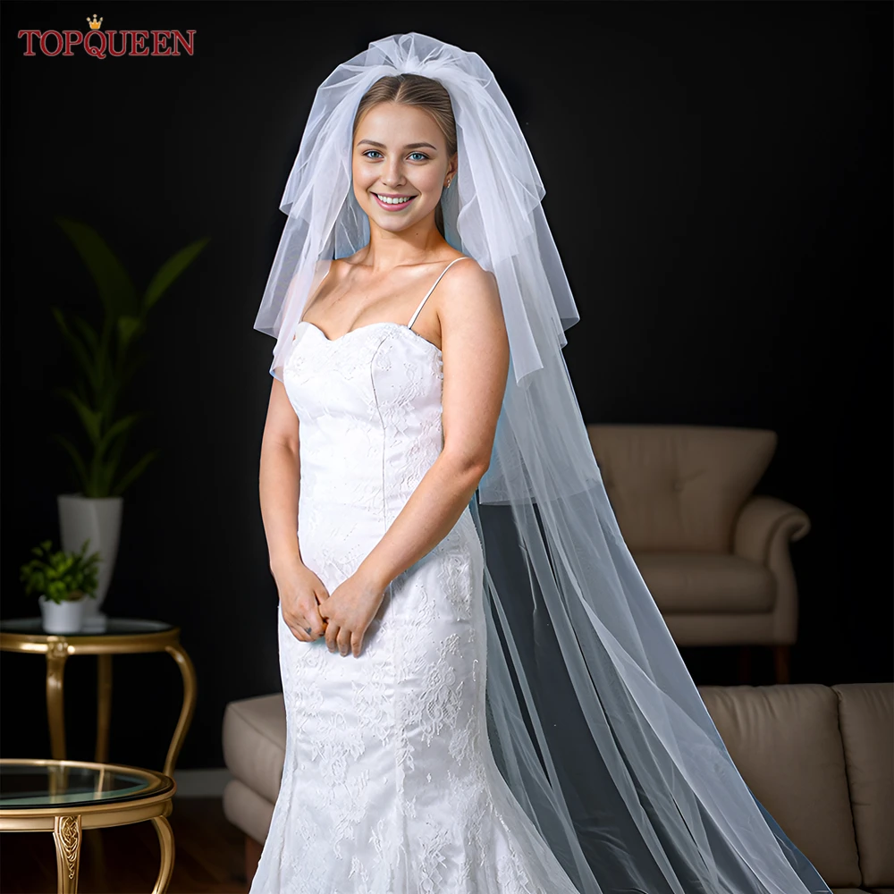 

TOPQUEEN V27 Wedding Veil Soft 4 Tier Bridal Veil with Cut Edge Cathedral Length Plain Sheer Long Veil for the Bride Accessories