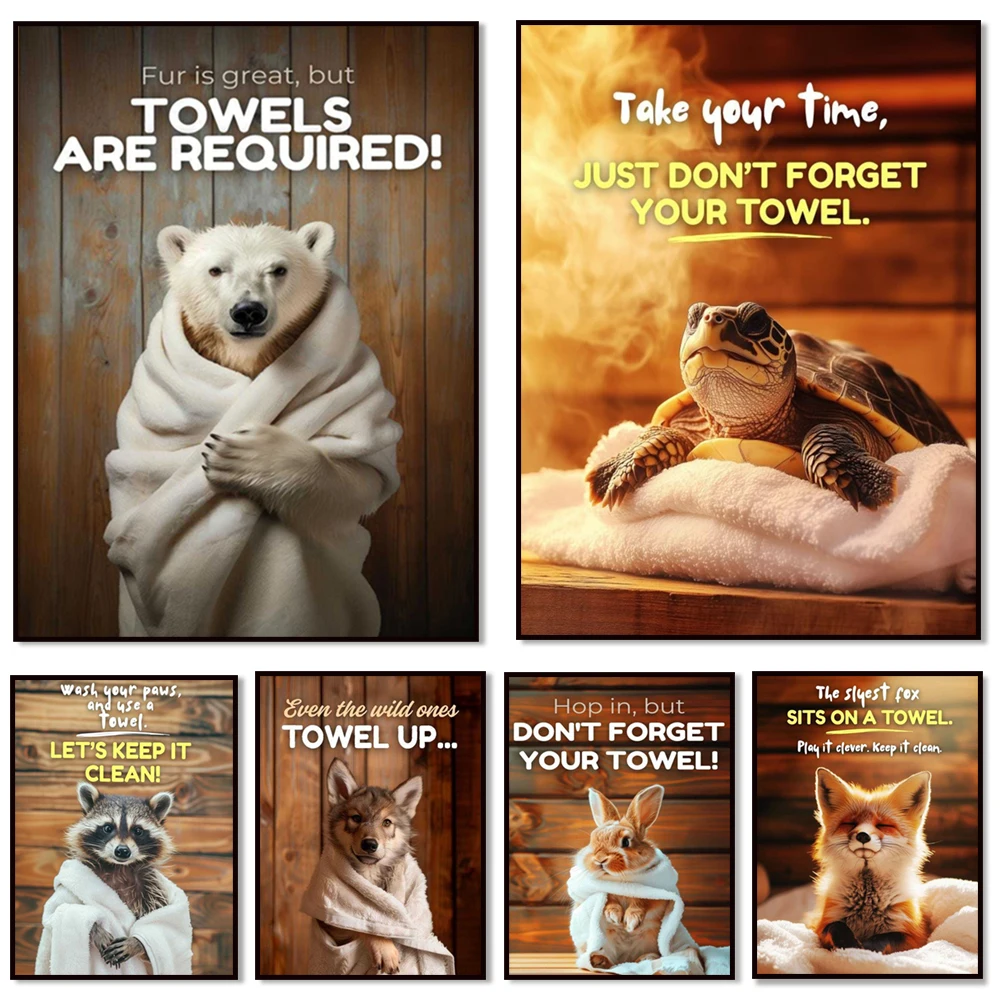 Polar bear, turtle, rabbit spa print, don't forget to bring towel, funny spa rules, sauna etiquette, keep clean, animal poster