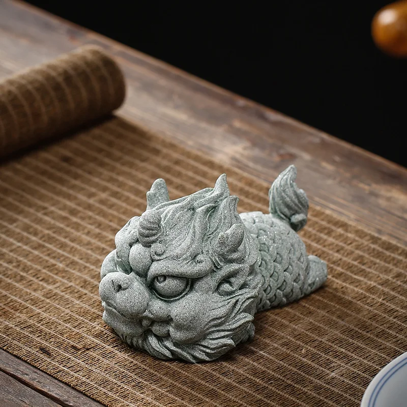 Creative Boutique Green Sandstone Tea Play Can Raise Fortune, Pixiu Tea Favorite Ornaments, Tea Table and Kylin Table Ornaments