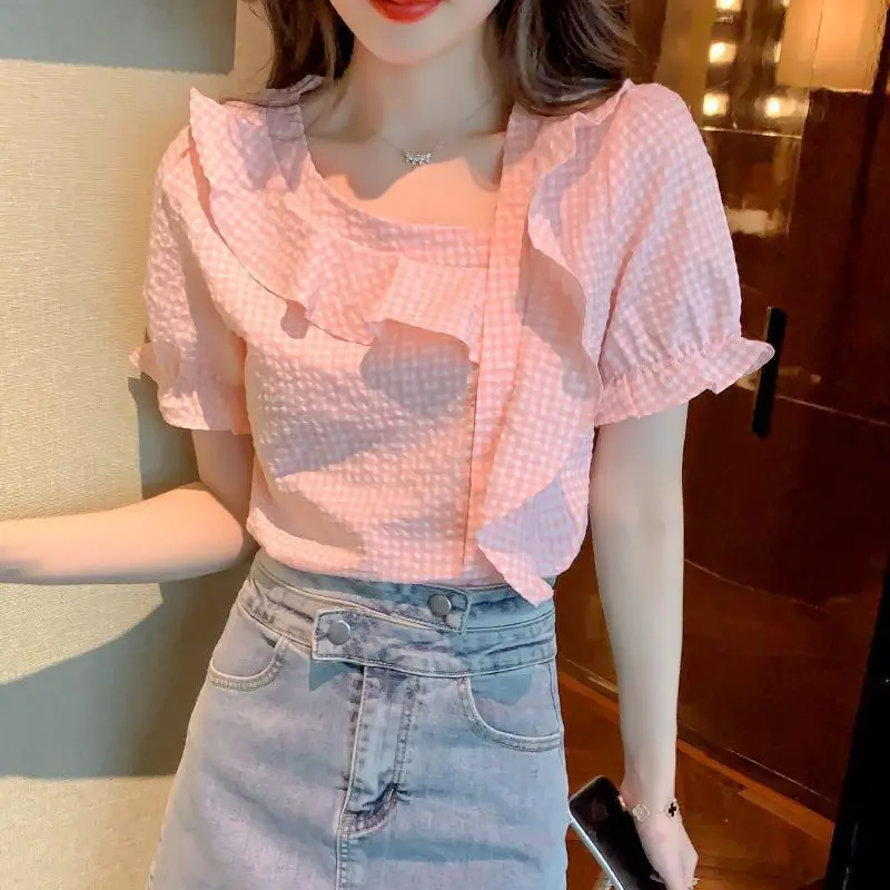 

Soft Chiffon Blouse Women Short Sleeve Loose Design Ruffle Pleated Casual Top