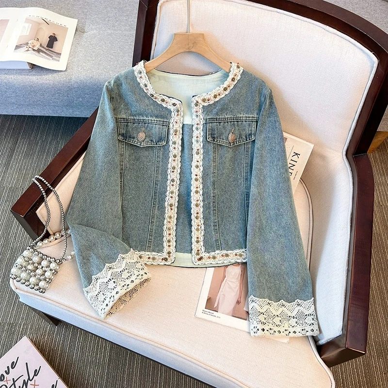 Spring Autumn Women Short Denim Cardigan Jacket Round Neck Long Sleeve Lace Patchwork Jeans Jacket Coat Loose Casual Streetwear