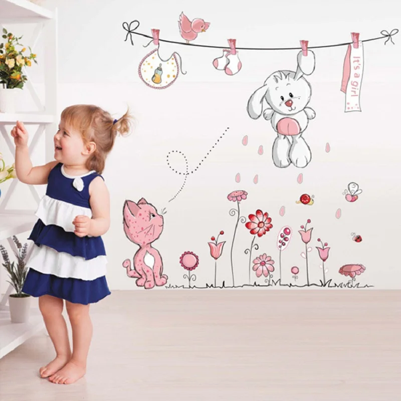 Pink cartoon cat rabbit flower wall sticker for kids rooms baby girls home decoration decal mural teddy bear umbrella